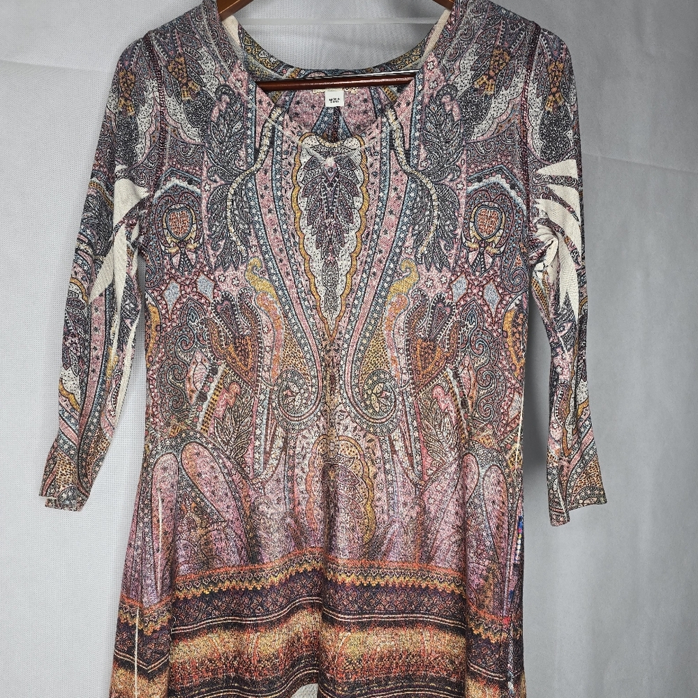 World Unity Boho Paisley Tunic Top Rhinestone Asymmetrical Hem 3/4 Sleeve S